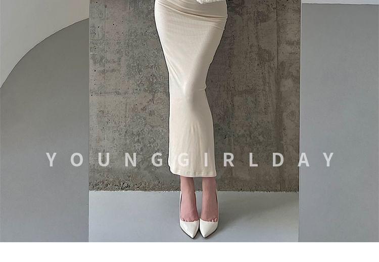 Off-Shoulder Long-Sleeved Plain Maxi Sheath Dress