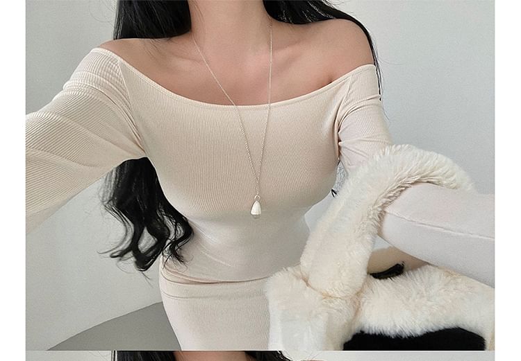 Off-Shoulder Long-Sleeved Plain Maxi Sheath Dress