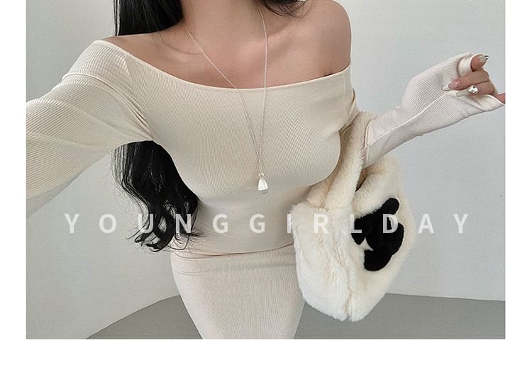 Off-Shoulder Long-Sleeved Plain Maxi Sheath Dress
