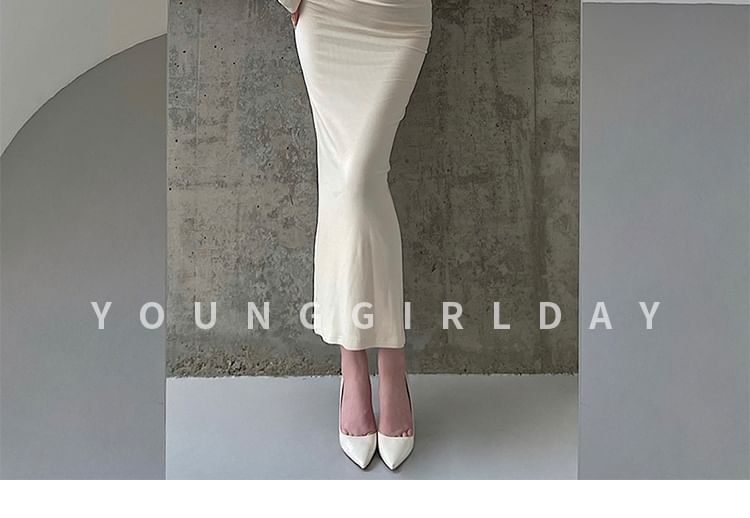 Off-Shoulder Long-Sleeved Plain Maxi Sheath Dress