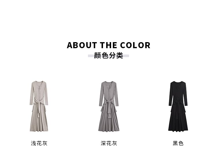 Henley Tie Waist Long-Sleeved Plain Maxi Sheath Dress