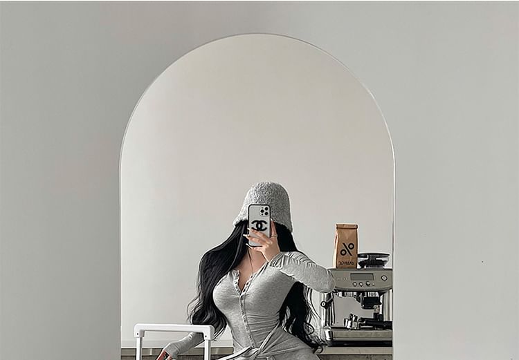 Henley Tie Waist Long-Sleeved Plain Maxi Sheath Dress