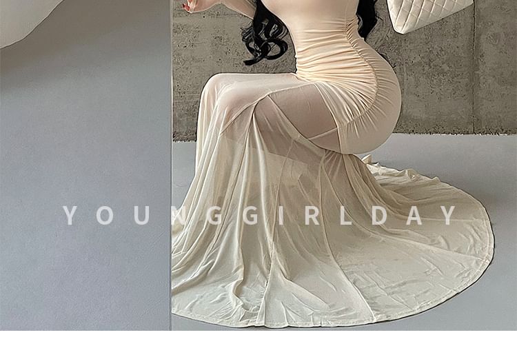 Crew Neck Mesh Panel Long-Sleeved Maxi Mermaid Dress