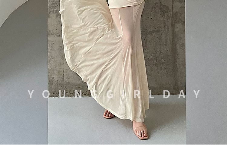 Crew Neck Mesh Panel Long-Sleeved Maxi Mermaid Dress