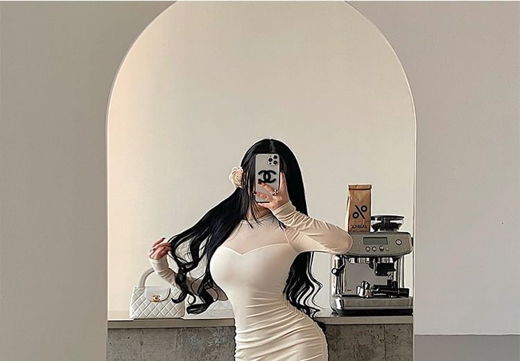Crew Neck Mesh Panel Long-Sleeved Maxi Mermaid Dress