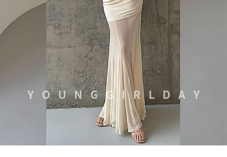 Crew Neck Mesh Panel Long-Sleeved Maxi Mermaid Dress