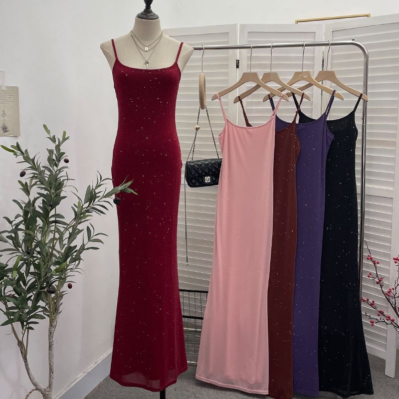 Glitter Maxi Sheath Dress - Thin Strap