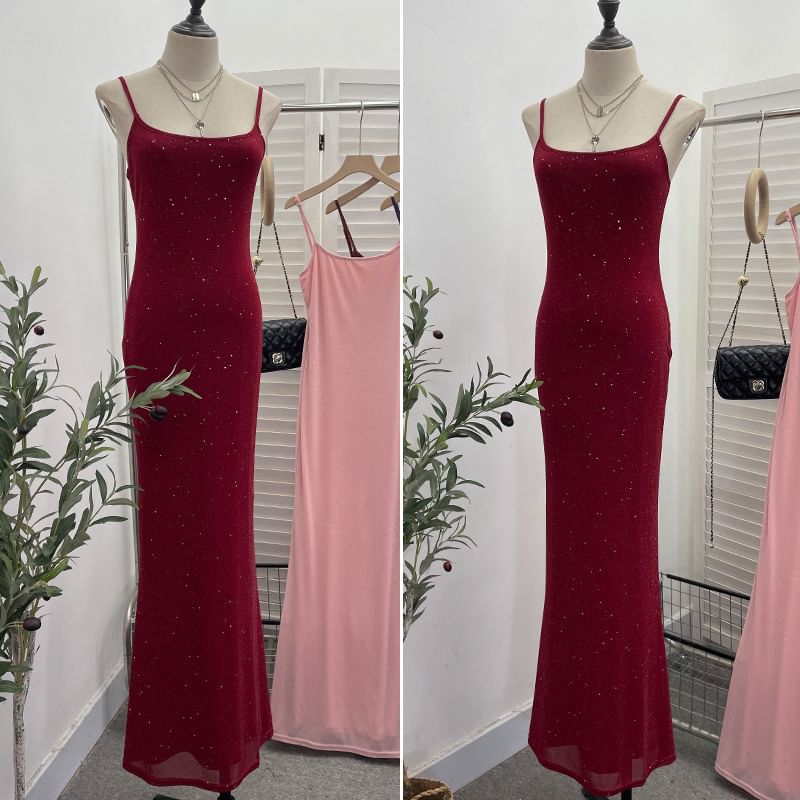 Glitter Maxi Sheath Dress - Thin Strap