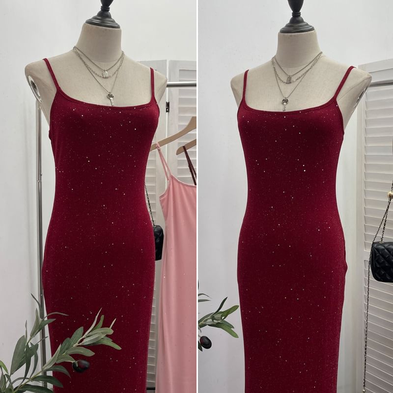 Glitter Maxi Sheath Dress - Thin Strap