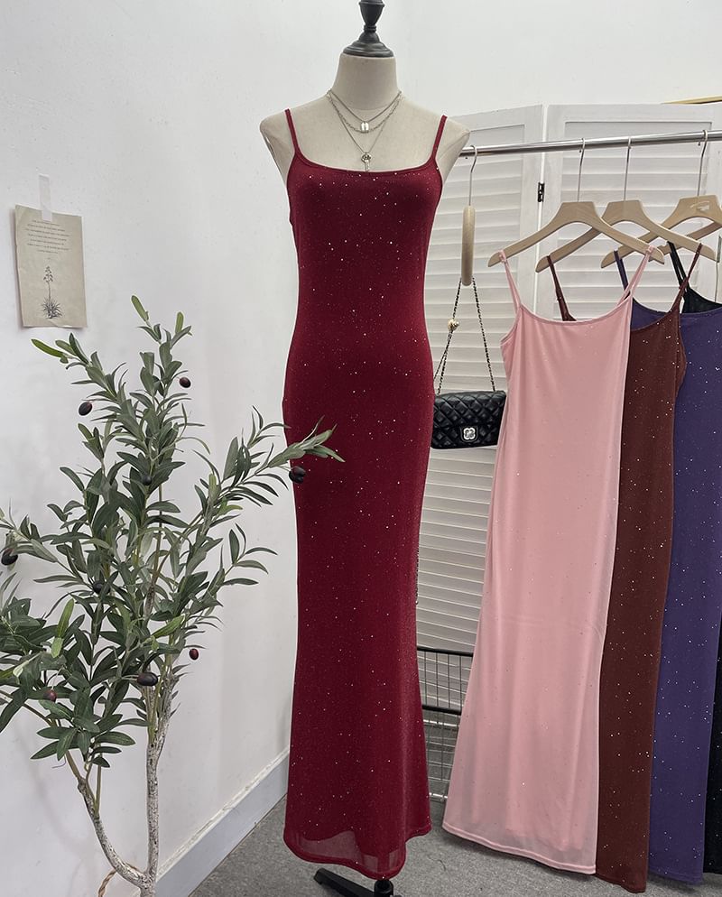 Glitter Maxi Sheath Dress - Thin Strap