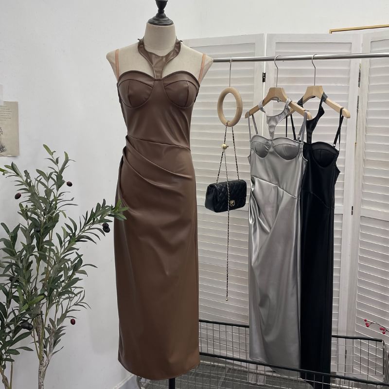 Halter Faux Leather Midi Sheath Dress with Slit