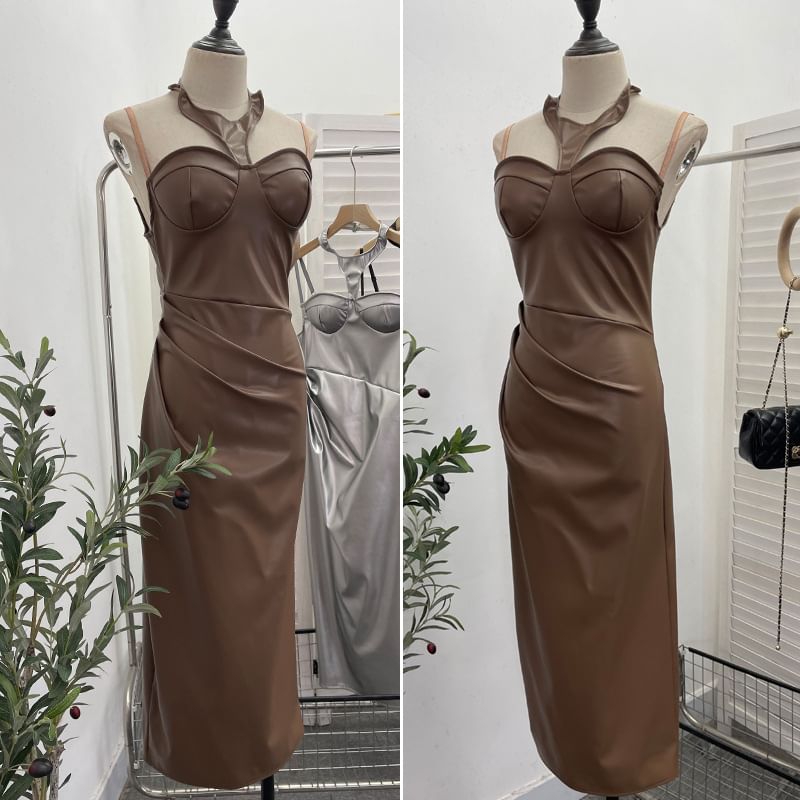 Halter Faux Leather Midi Sheath Dress with Slit