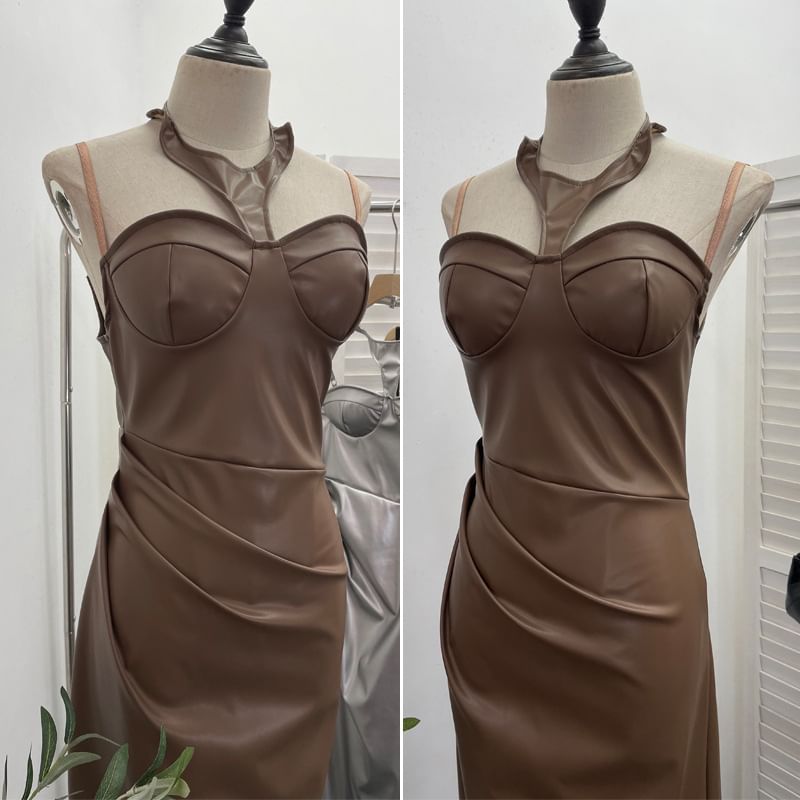 Halter Faux Leather Midi Sheath Dress with Slit