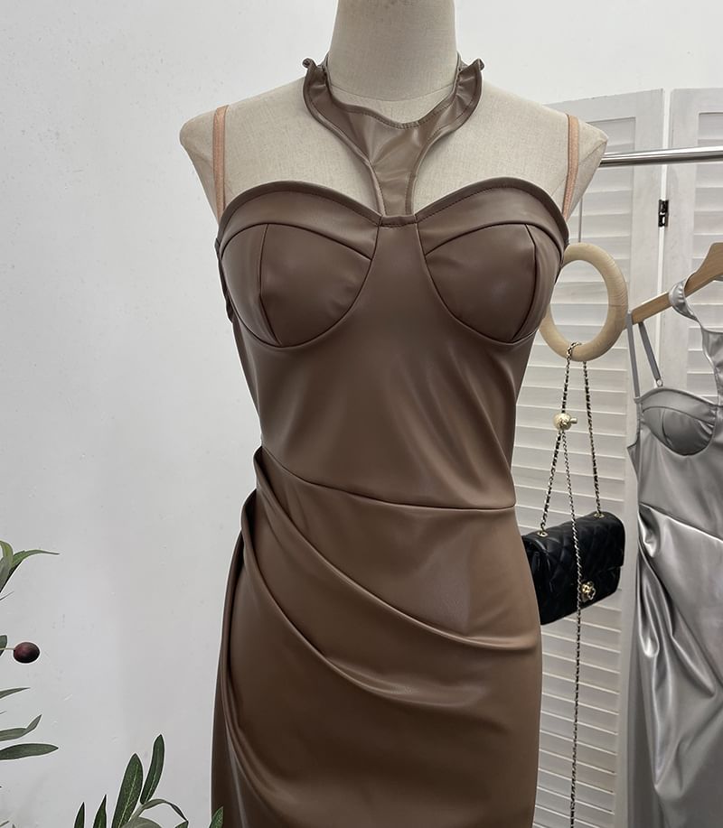 Halter Faux Leather Midi Sheath Dress with Slit