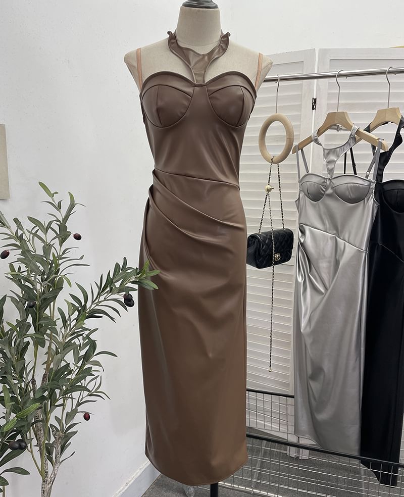 Halter Faux Leather Midi Sheath Dress with Slit