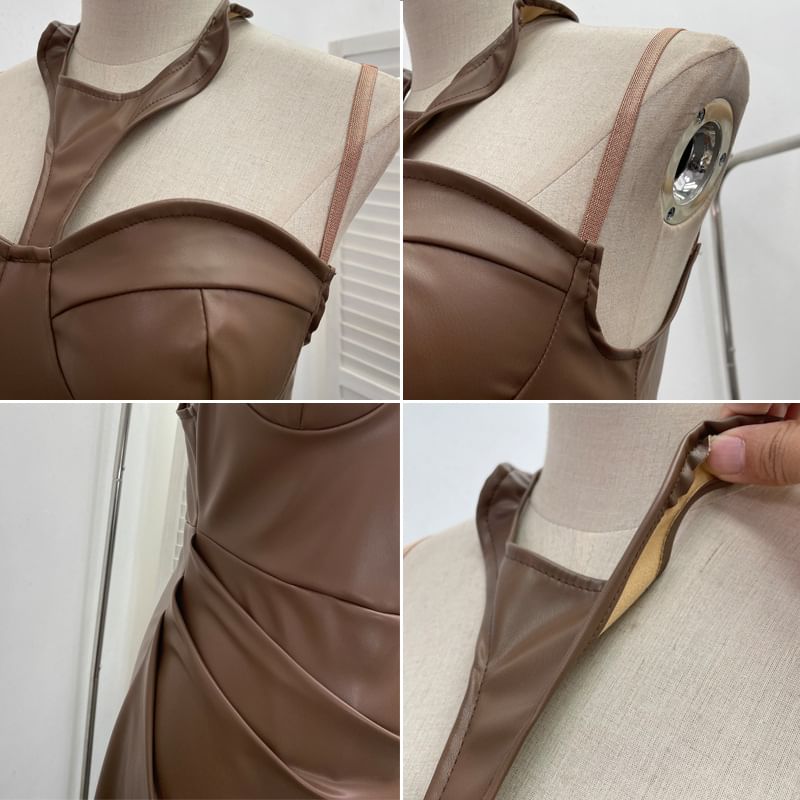 Halter Faux Leather Midi Sheath Dress with Slit