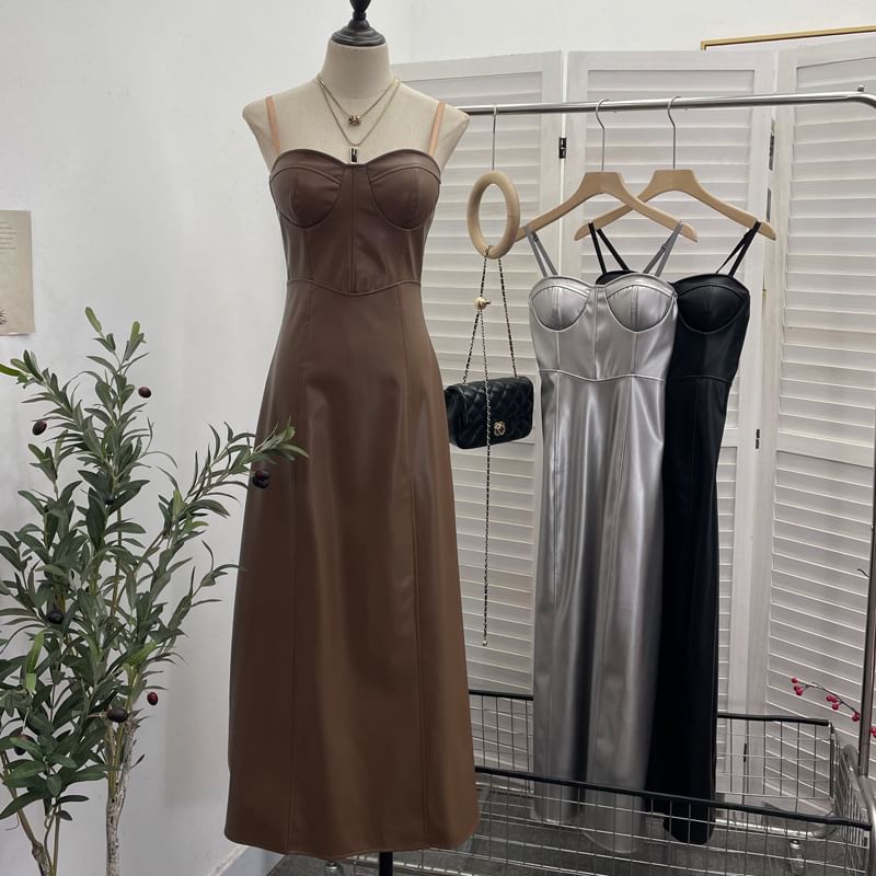 Faux Leather Midi A-Line Dress - Thin Strap