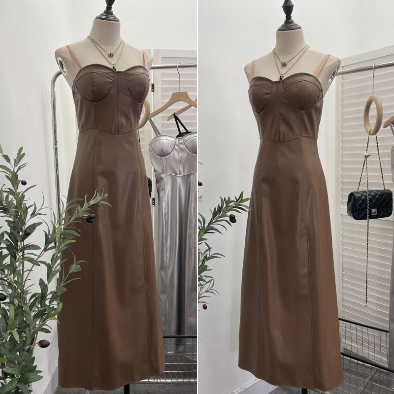 Faux Leather Midi A-Line Dress - Thin Strap