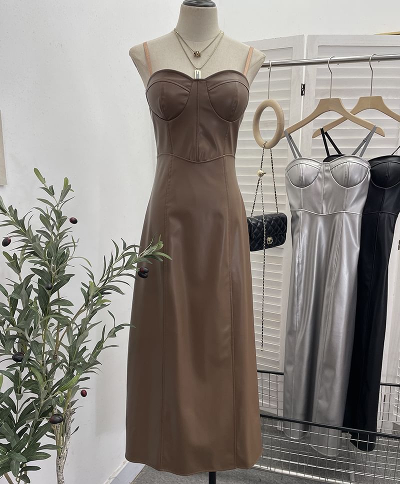 Faux Leather Midi A-Line Dress - Thin Strap