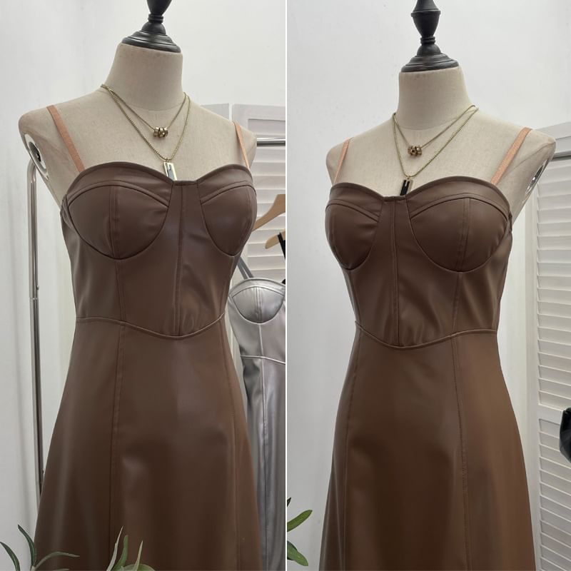 Faux Leather Midi A-Line Dress - Thin Strap