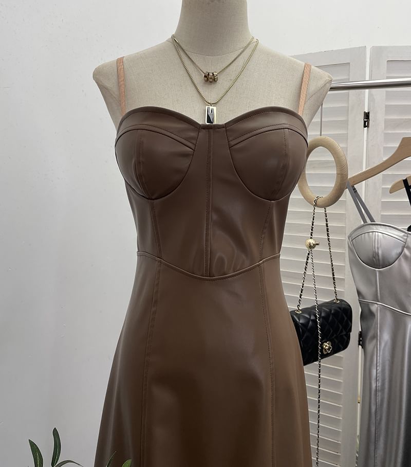 Faux Leather Midi A-Line Dress - Thin Strap