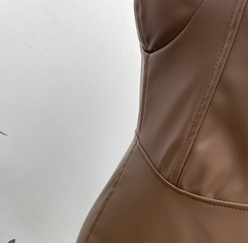 Faux Leather Midi A-Line Dress - Thin Strap
