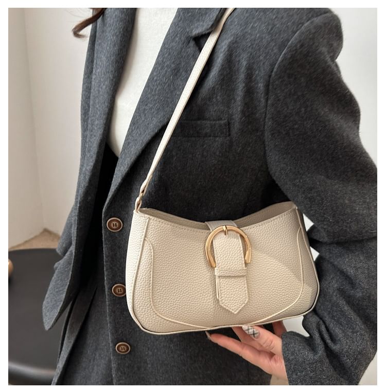 Faux Leather Plain Buckled Shoulder Bag