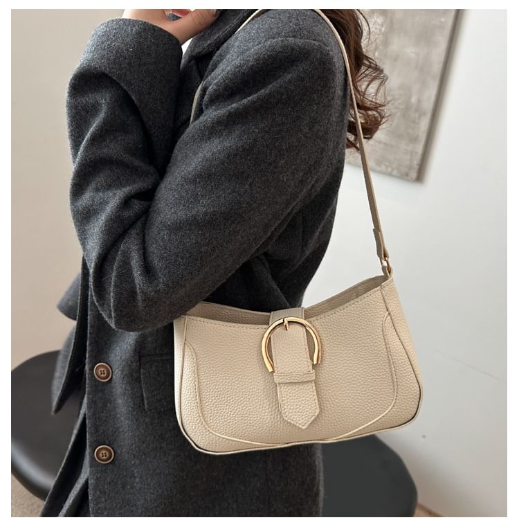 Faux Leather Plain Buckled Shoulder Bag