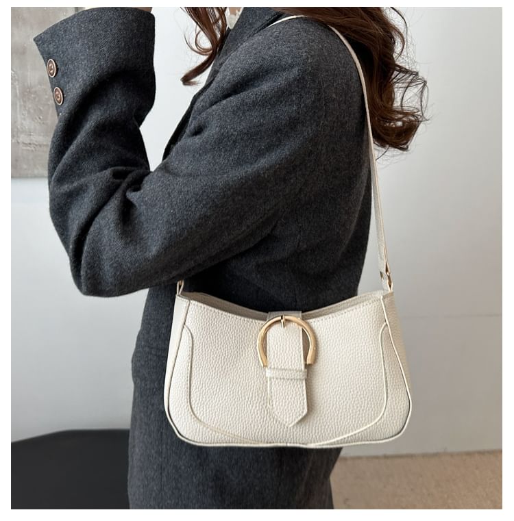 Faux Leather Plain Buckled Shoulder Bag