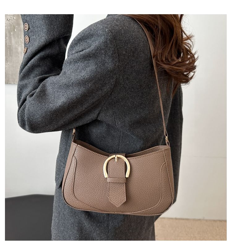 Faux Leather Plain Buckled Shoulder Bag