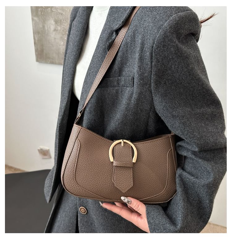 Faux Leather Plain Buckled Shoulder Bag