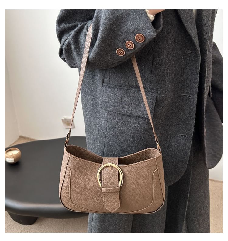 Faux Leather Plain Buckled Shoulder Bag