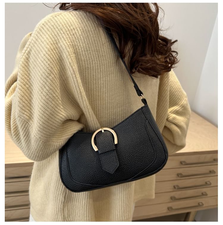Faux Leather Plain Buckled Shoulder Bag
