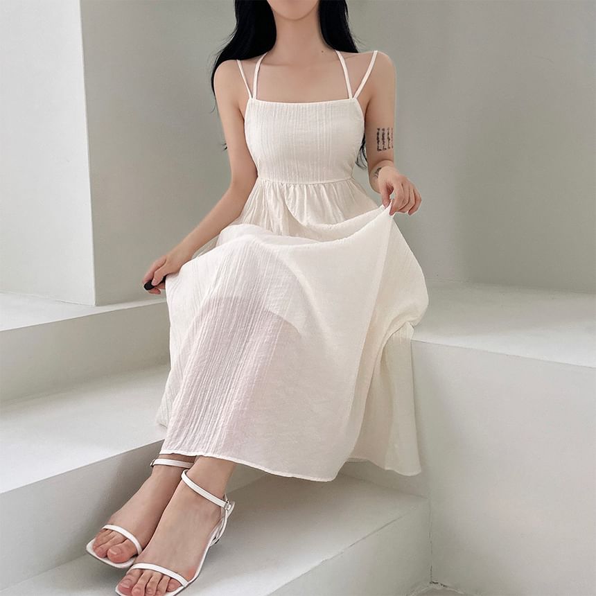 Gathered Maxi A-Line Dress with Thin Straps