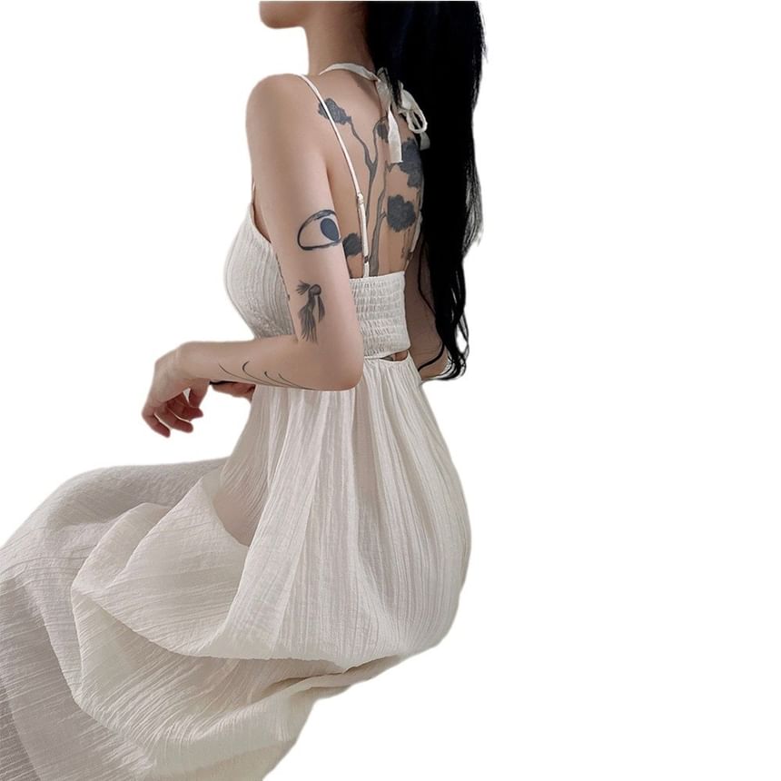 Gathered Maxi A-Line Dress with Thin Straps