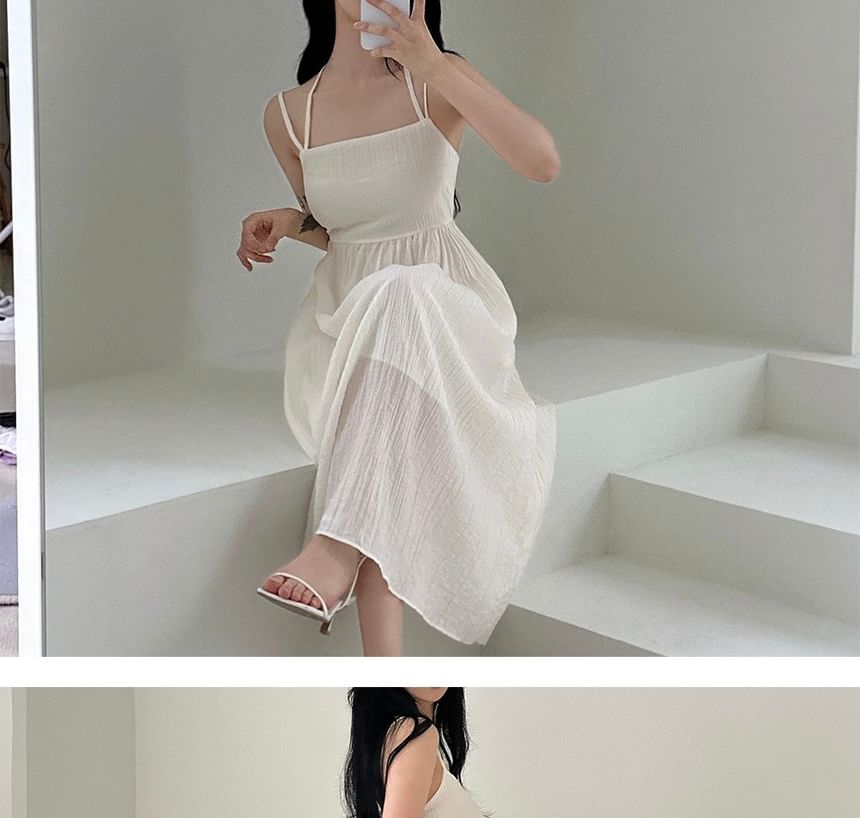 Gathered Maxi A-Line Dress with Thin Straps