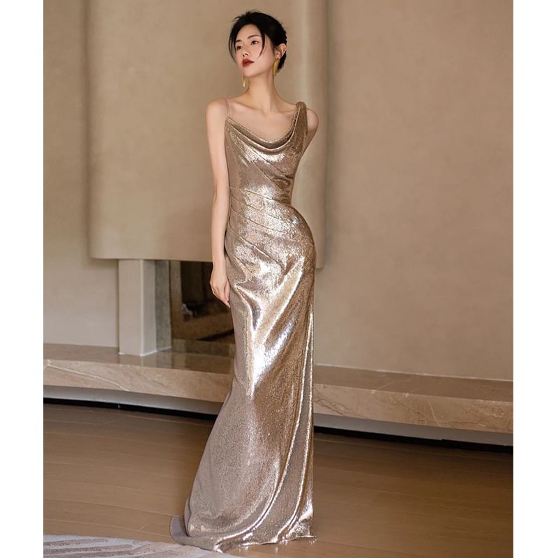 Asymmetric Sequined Mermaid Evening Gown - Thin Strap