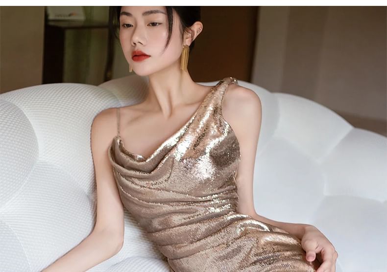 Asymmetric Sequined Mermaid Evening Gown - Thin Strap