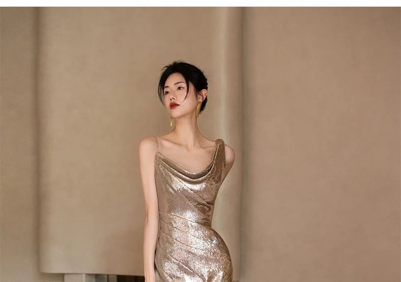 Asymmetric Sequined Mermaid Evening Gown - Thin Strap
