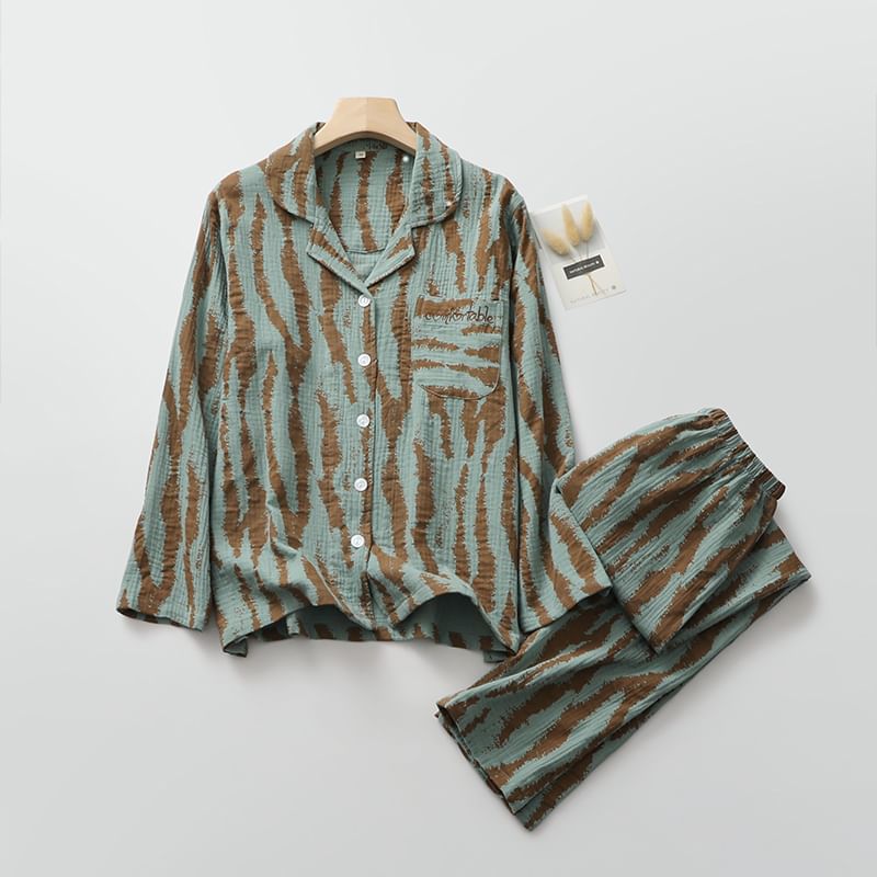 Couple Matching Pajama Set: Long-Sleeve Lapel Collar Zebra Print Button-Up Top + Pants (Various Designs)