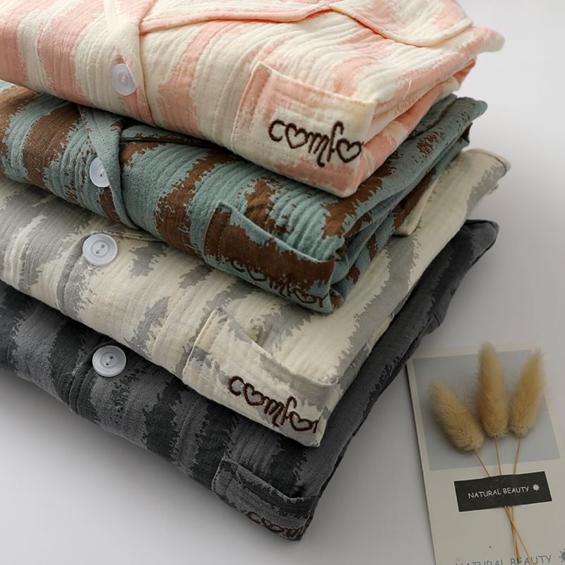 Couple Matching Pajama Set: Long-Sleeve Lapel Collar Zebra Print Button-Up Top + Pants (Various Designs)