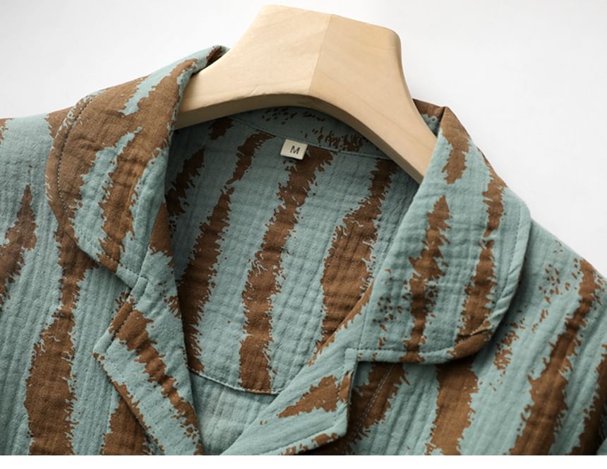 Couple Matching Pajama Set: Long-Sleeve Lapel Collar Zebra Print Button-Up Top + Pants (Various Designs)