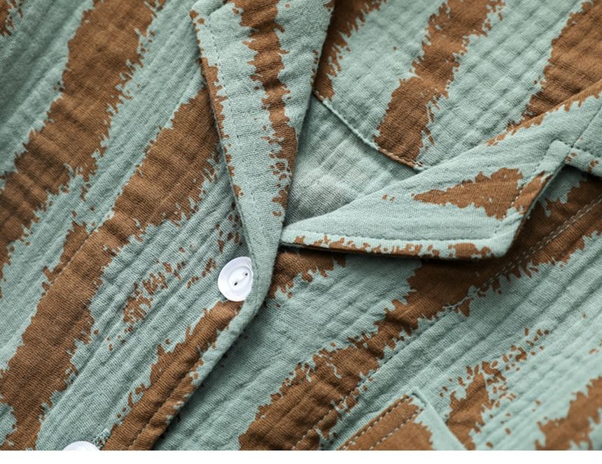 Couple Matching Pajama Set: Long-Sleeve Lapel Collar Zebra Print Button-Up Top + Pants (Various Designs)