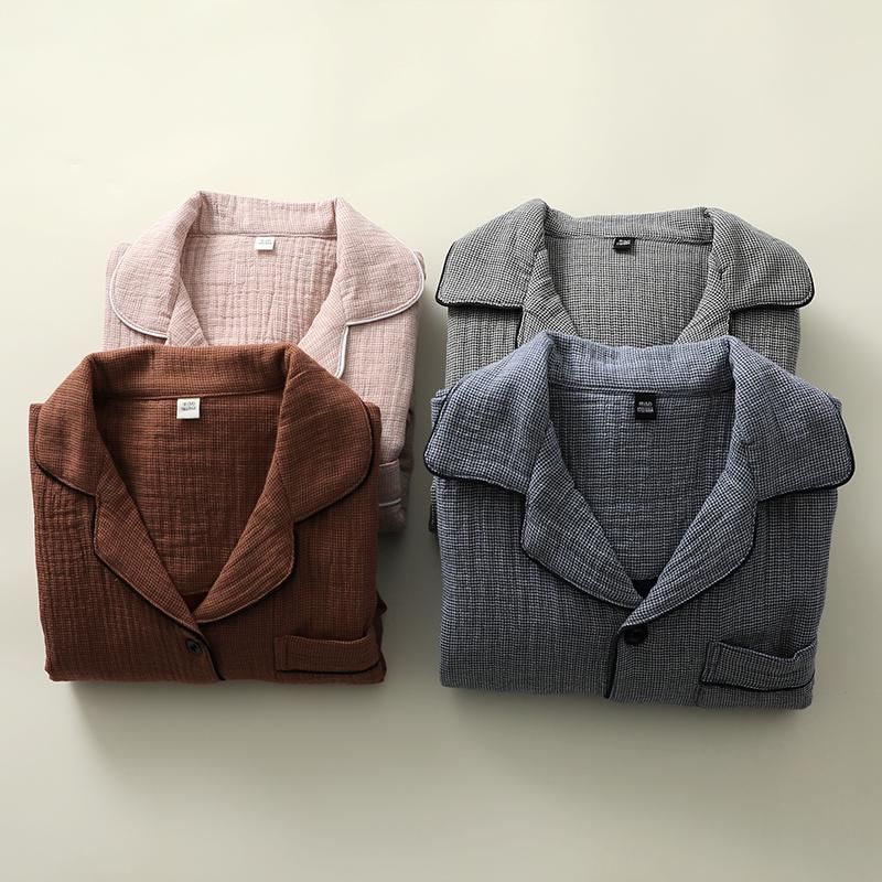 Couple Matching Pajama Set: Long-Sleeve Lapel Collar Houndstooth Button-Up Top + Pants (Various Designs)