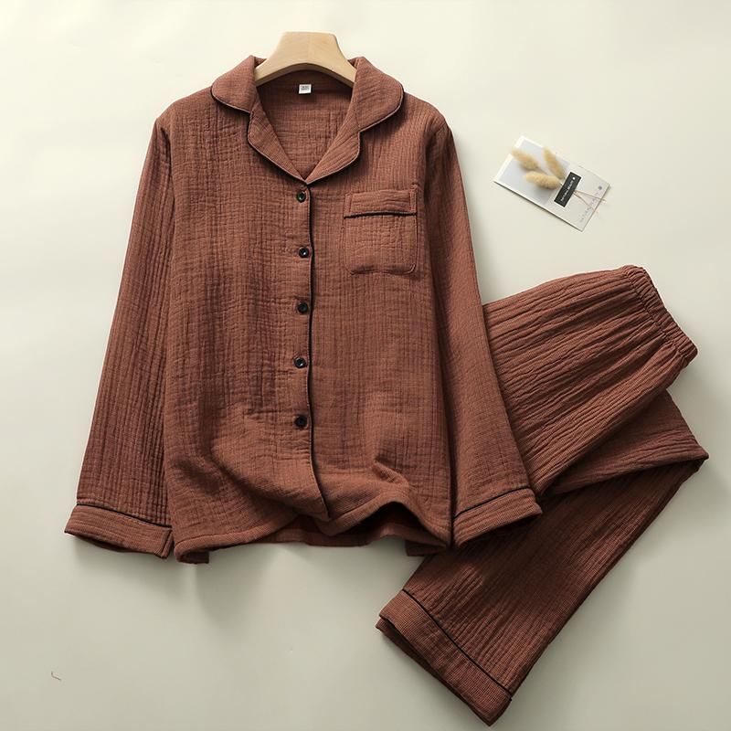 Couple Matching Pajama Set: Long-Sleeve Lapel Collar Houndstooth Button-Up Top + Pants (Various Designs)