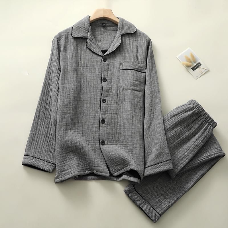 Couple Matching Pajama Set: Long-Sleeve Lapel Collar Houndstooth Button-Up Top + Pants (Various Designs)