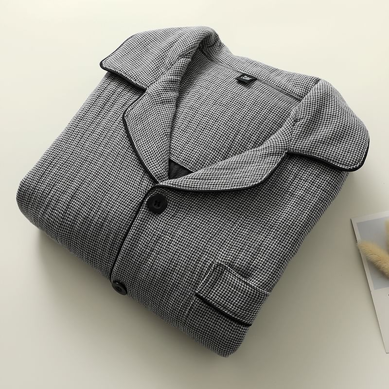 Couple Matching Pajama Set: Long-Sleeve Lapel Collar Houndstooth Button-Up Top + Pants (Various Designs)