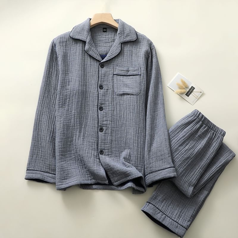 Couple Matching Pajama Set: Long-Sleeve Lapel Collar Houndstooth Button-Up Top + Pants (Various Designs)