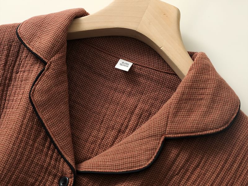 Couple Matching Pajama Set: Long-Sleeve Lapel Collar Houndstooth Button-Up Top + Pants (Various Designs)