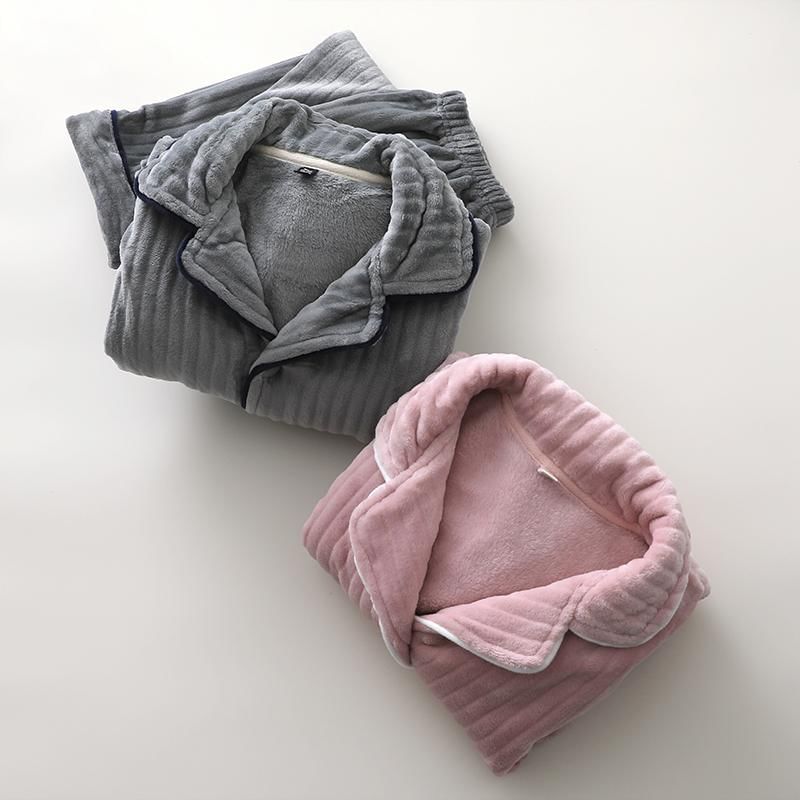 Couple Matching Pajama Set: Long-Sleeve Lapel Collar Contrast Trim Button-Up Fleece Top + Pants (Various Designs)